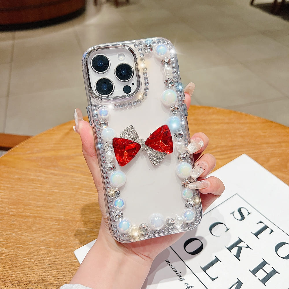 3D Bow Pearl Border Transparent Phone Case