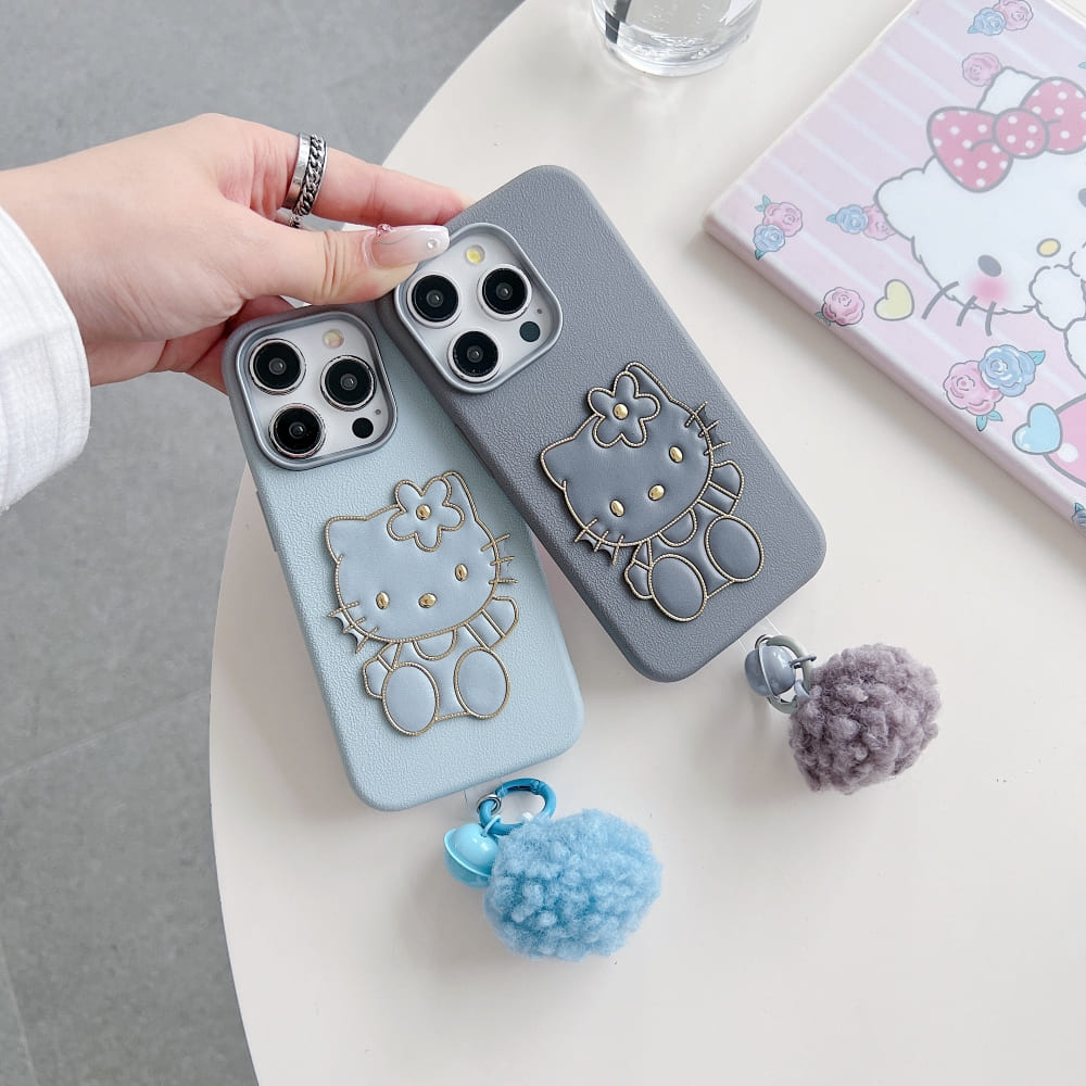 Cat Fur Ball Charm Leather Phone Case