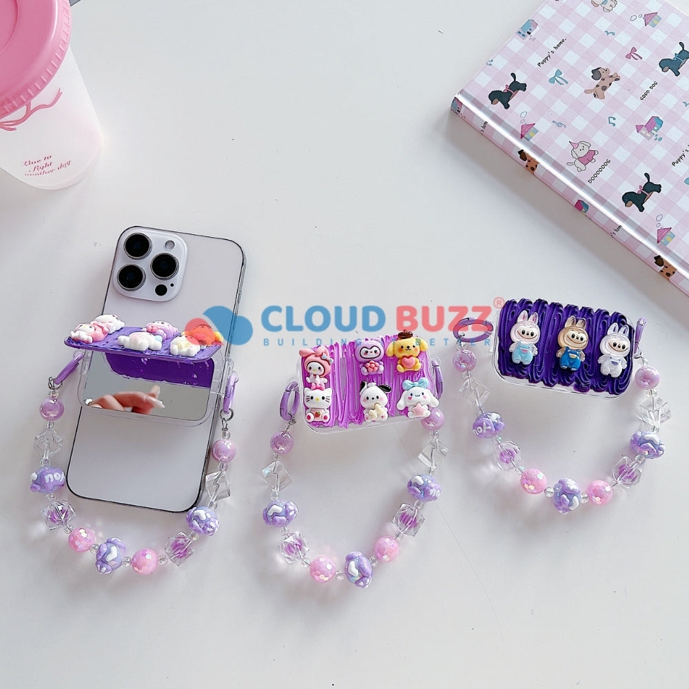 Cute Mini Cartoon Toy Flip Mirror Universal Stand with Crystal Bracelet