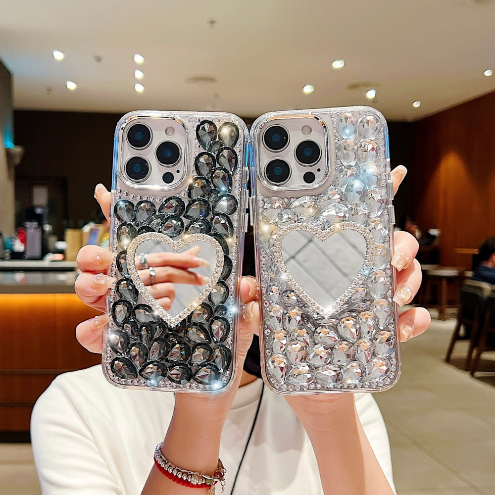 Heart Shaped Makeup Mirror Diamond Phone Case
