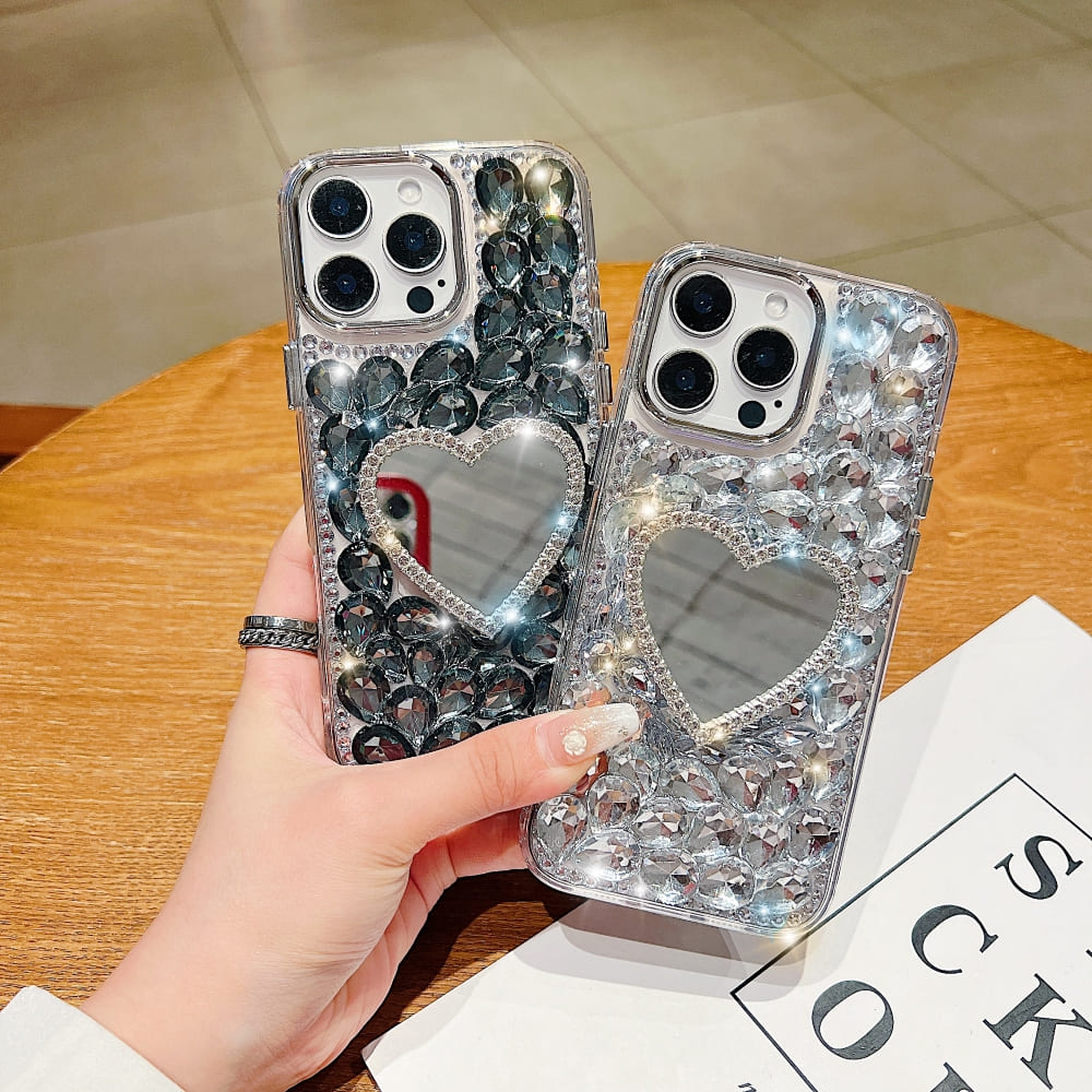 Heart Shaped Makeup Mirror Diamond Phone Case
