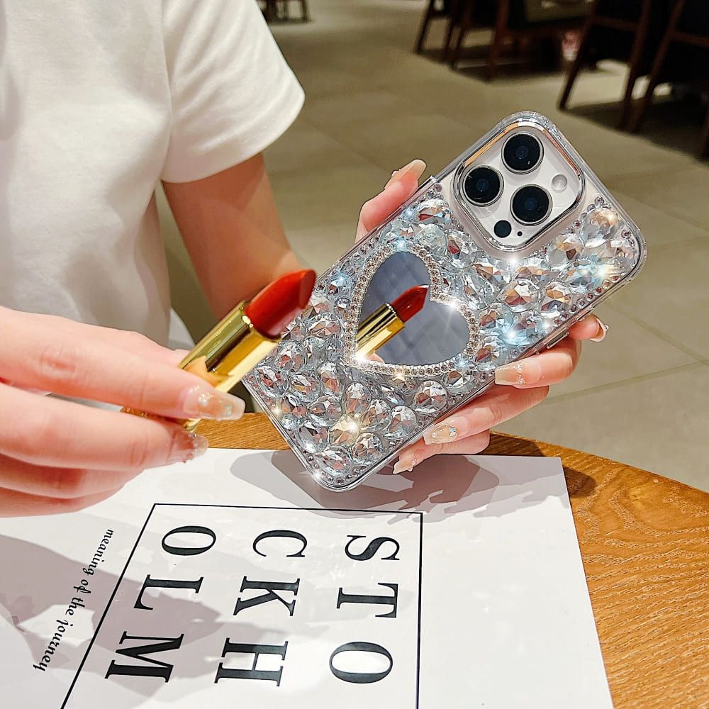 Heart Shaped Makeup Mirror Diamond Phone Case