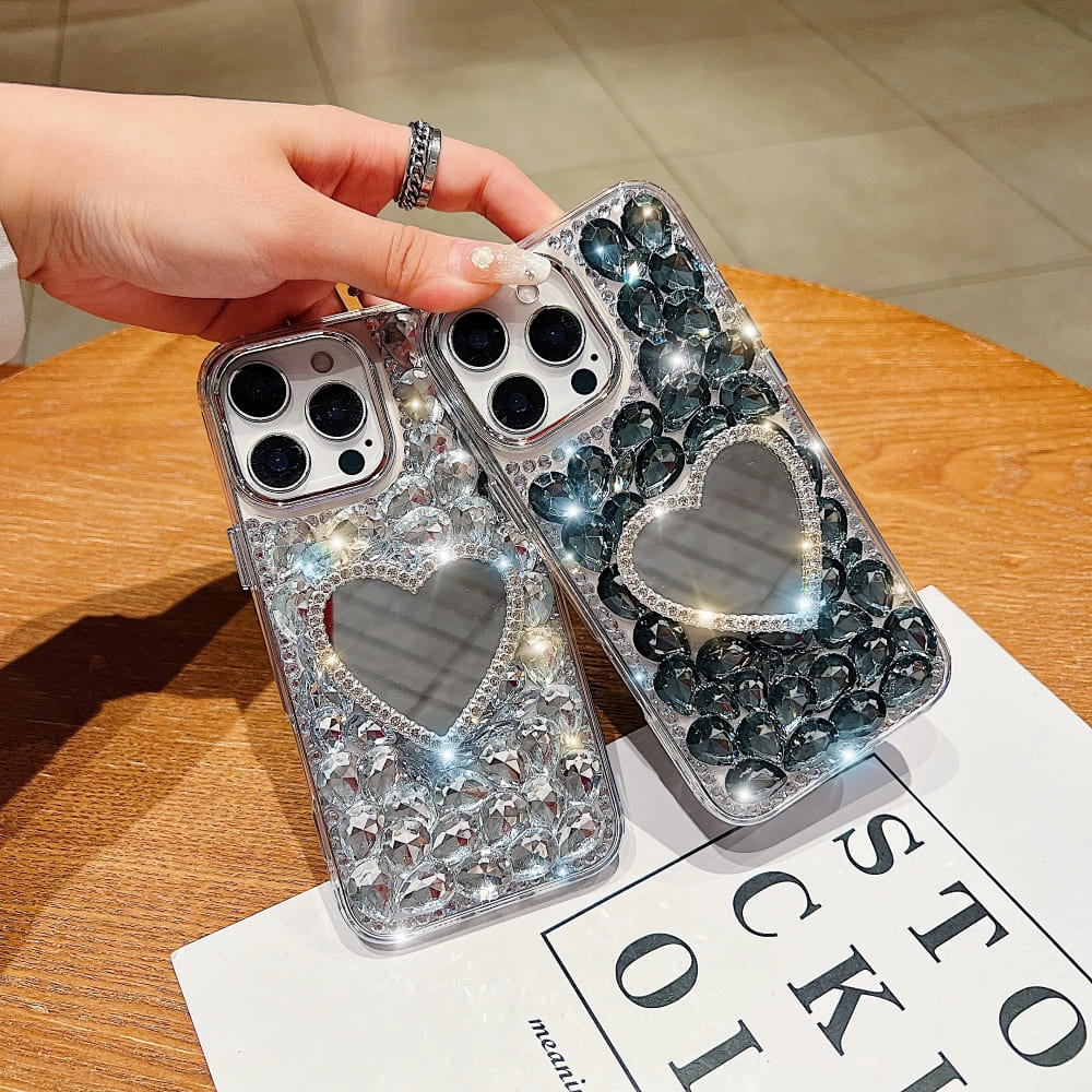 Heart Shaped Makeup Mirror Diamond Phone Case