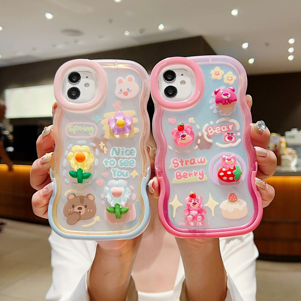 3D Wavy Flower Bear Case With Stand - iPhone 12 Pro Max