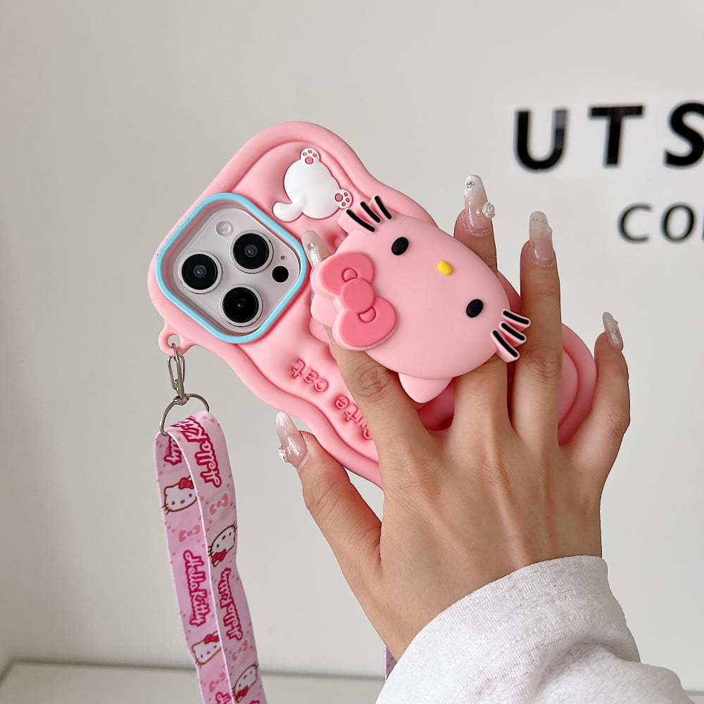 Cartoon Kitty Stand Silicone Phone Case with Shoulder Strap