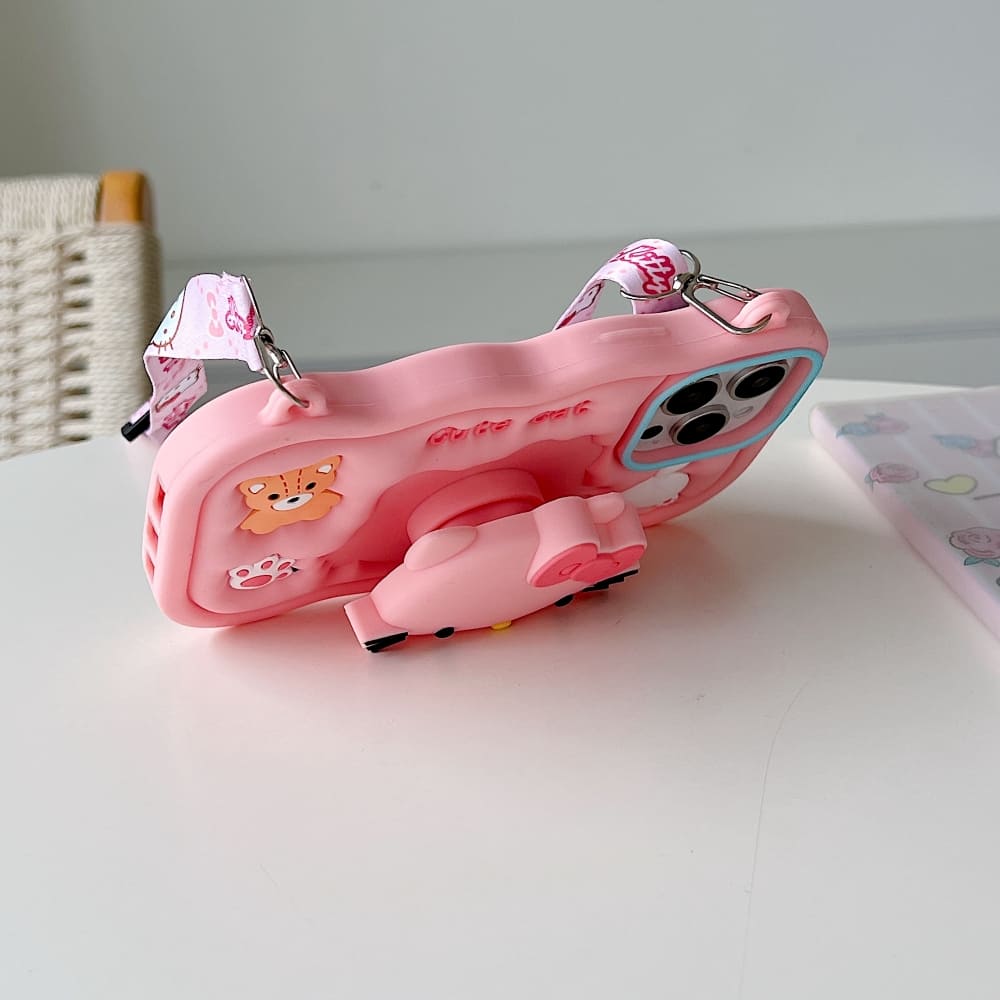 Cartoon Kitty Stand Silicone Phone Case with Shoulder Strap