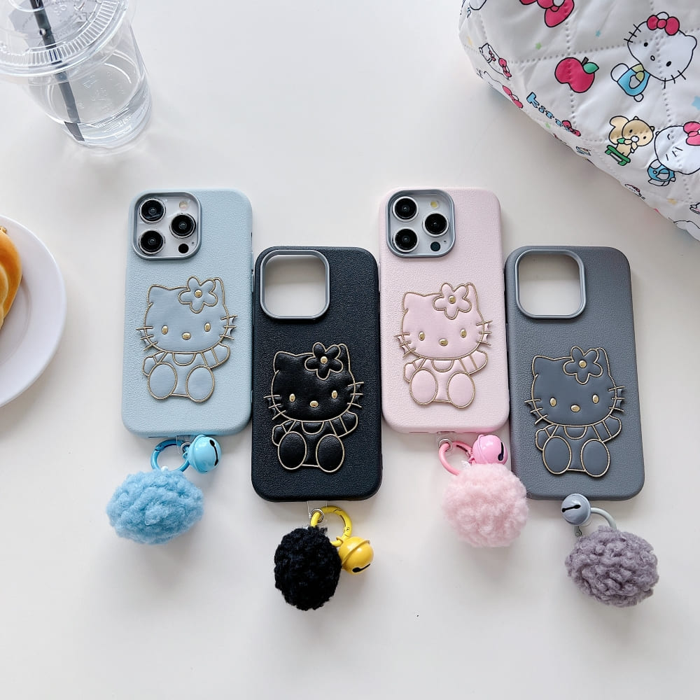 Cat Fur Ball Charm Leather Phone Case