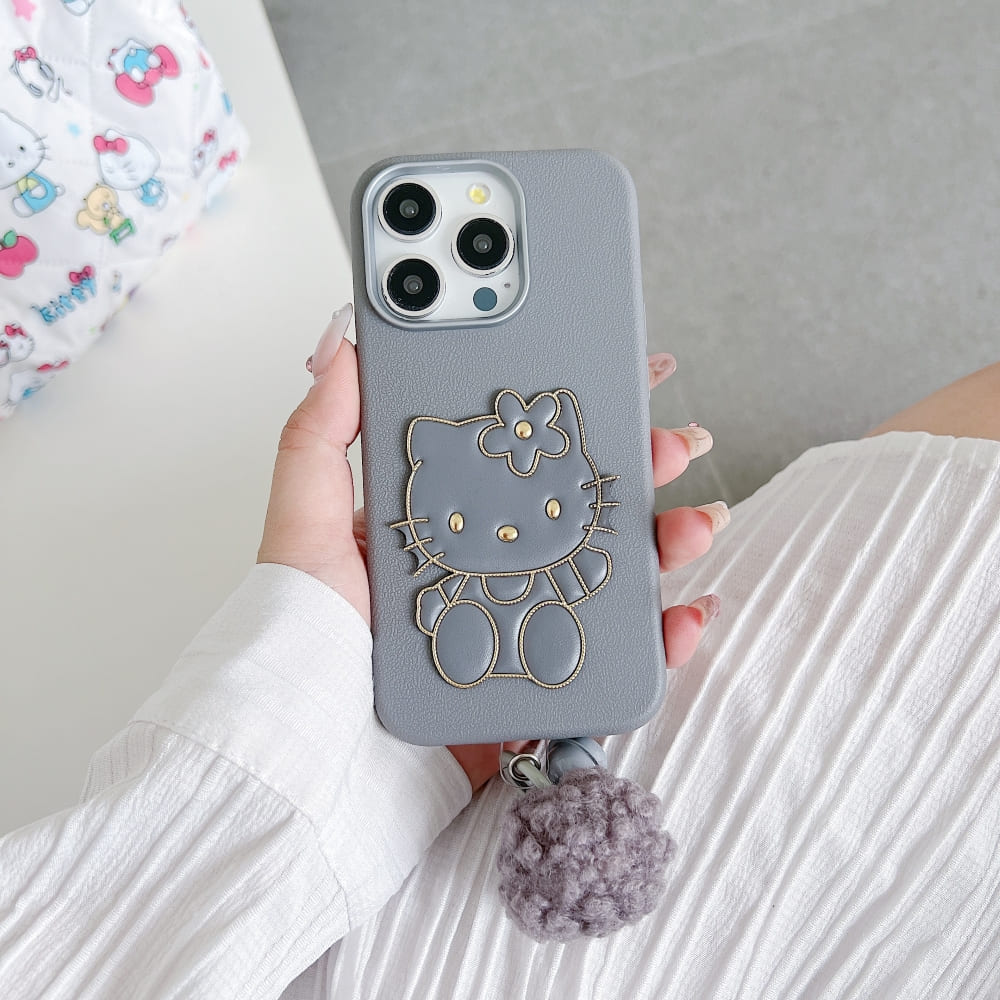 Cat Fur Ball Charm Leather Phone Case