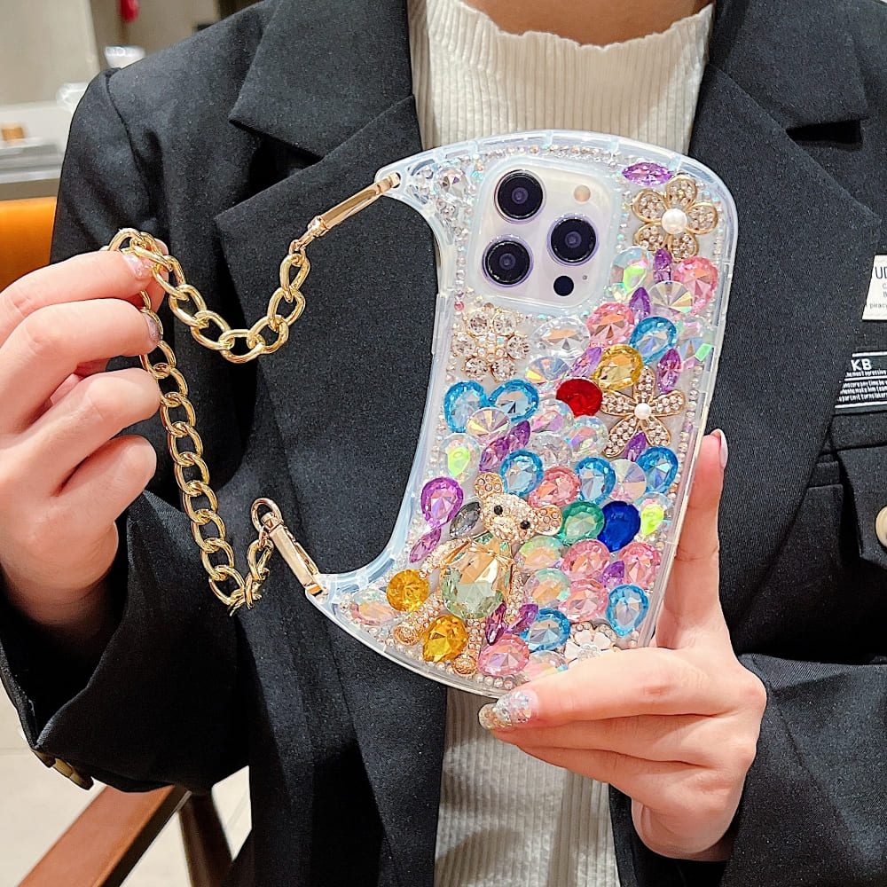 Colorful Diamond Phone Case With Metal Chain Strap