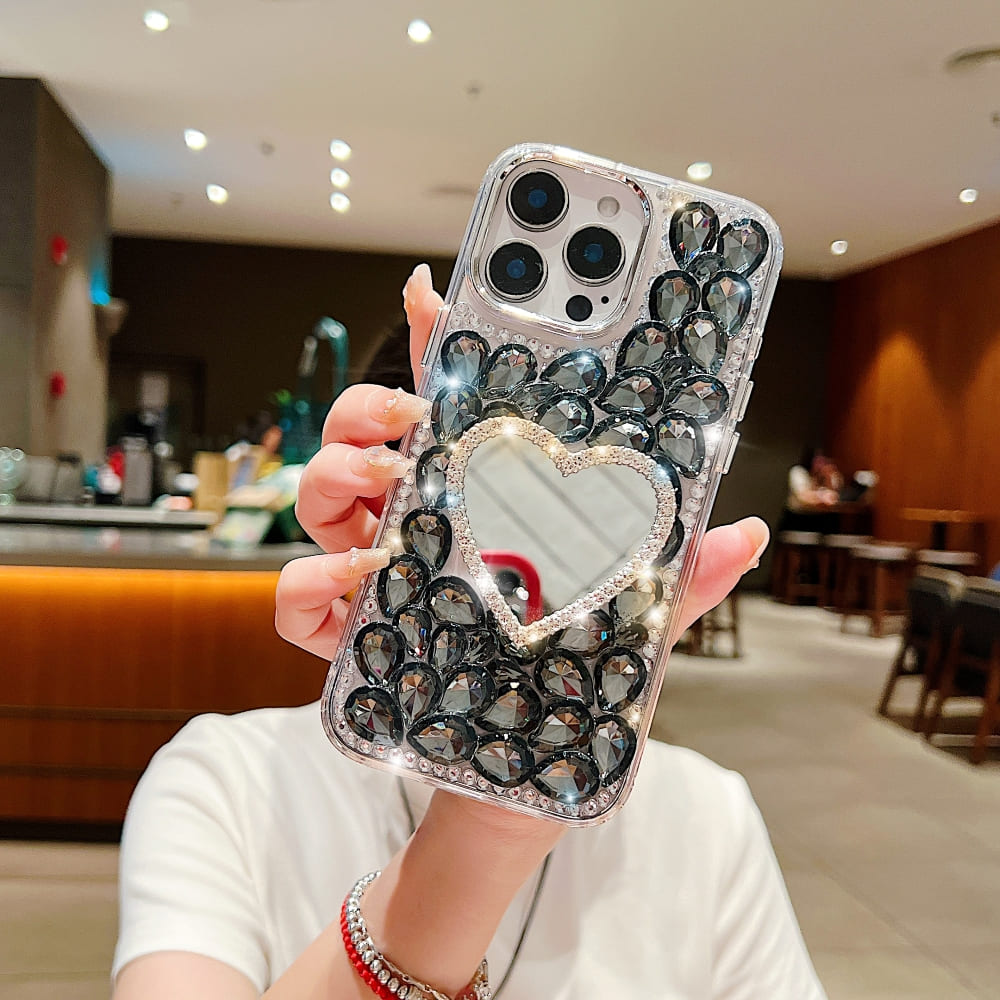 Heart Shaped Makeup Mirror Diamond Phone Case