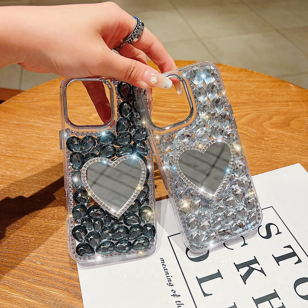 Heart Shaped Makeup Mirror Diamond Phone Case