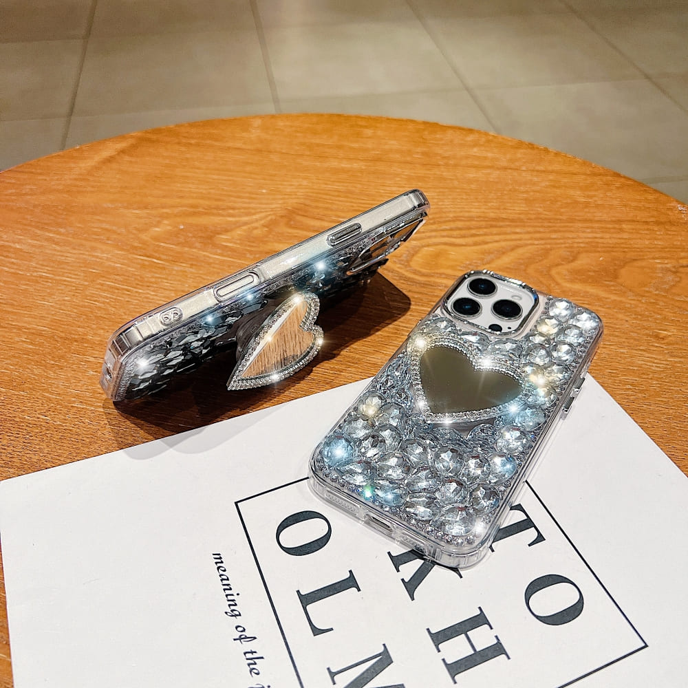 Heart Shaped Makeup Mirror Diamond Phone Case