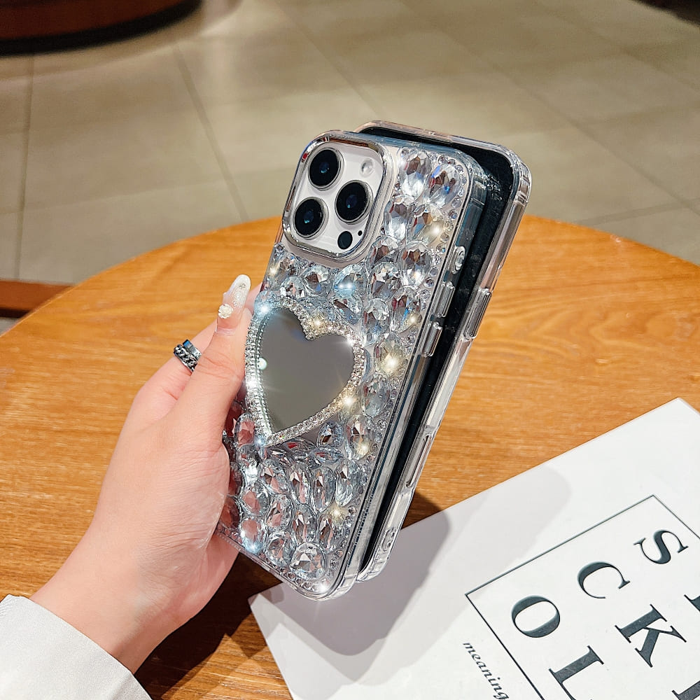 Heart Shaped Makeup Mirror Diamond Phone Case