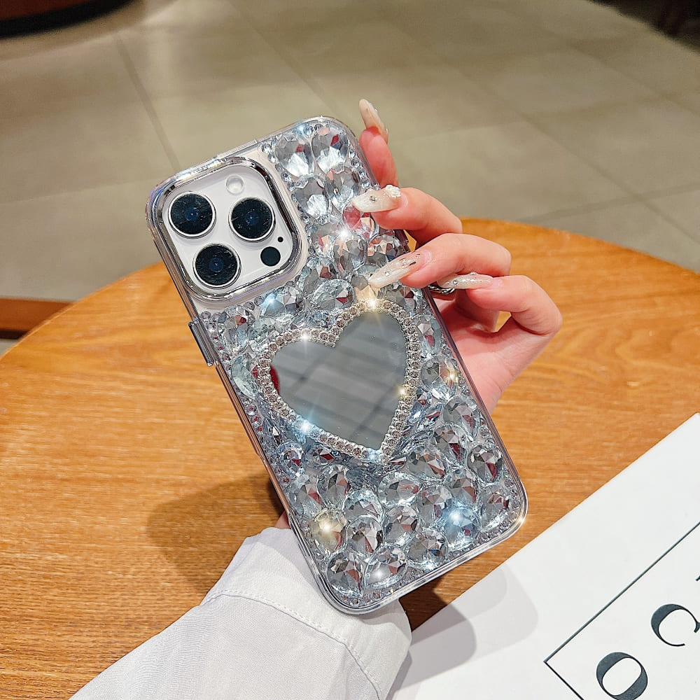 Heart Shaped Makeup Mirror Diamond Phone Case