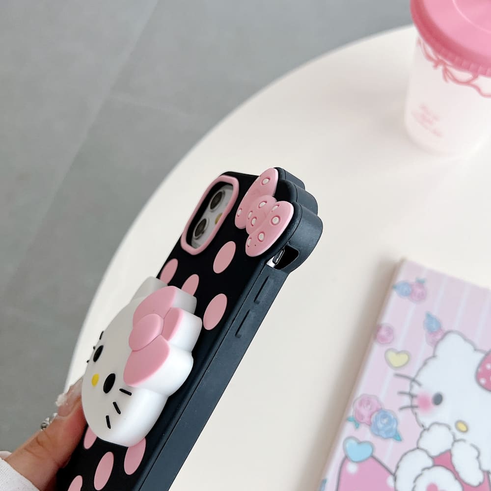 Polka Dot Bow Kitty Stand Silicone Phone Case