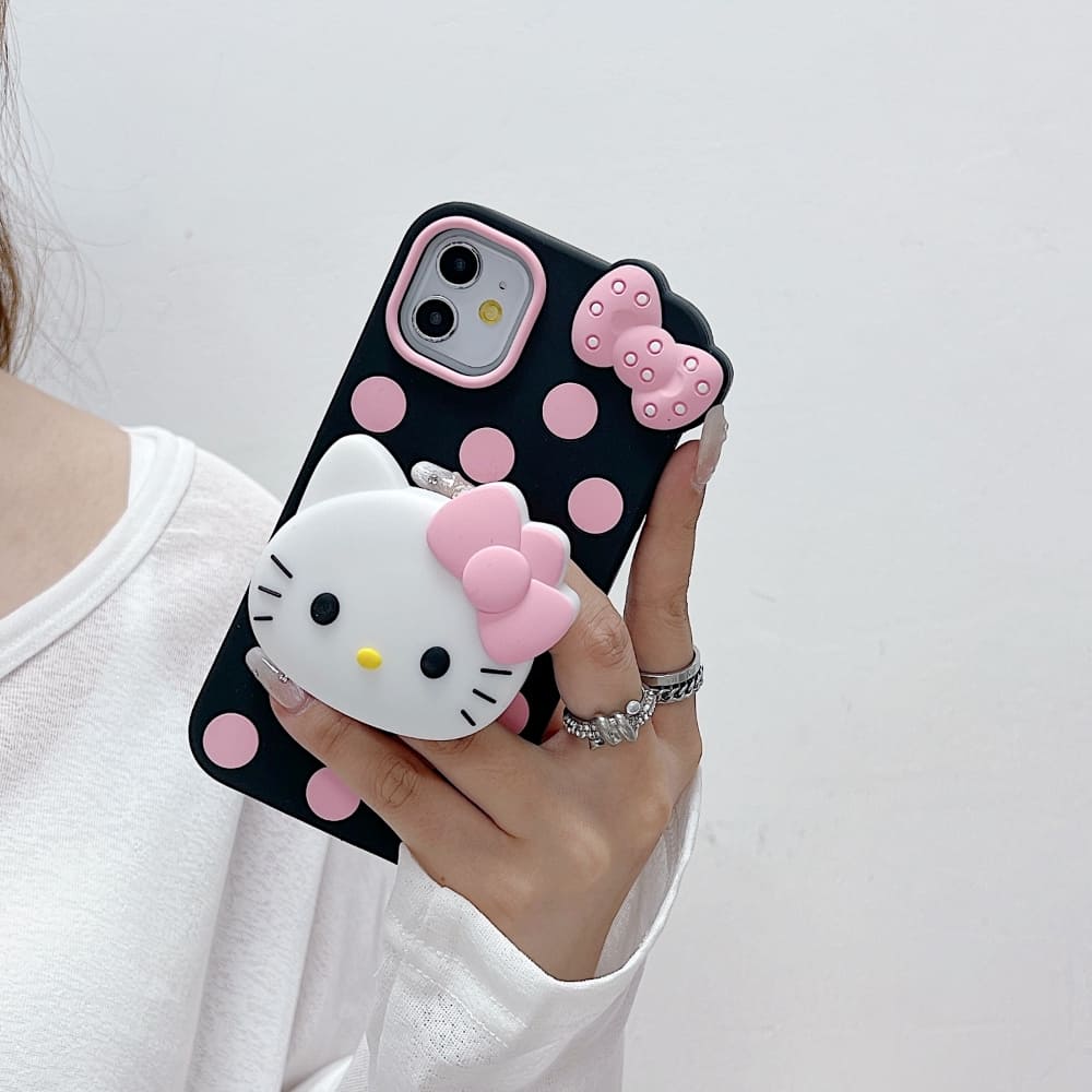 Polka Dot Bow Kitty Stand Silicone Phone Case
