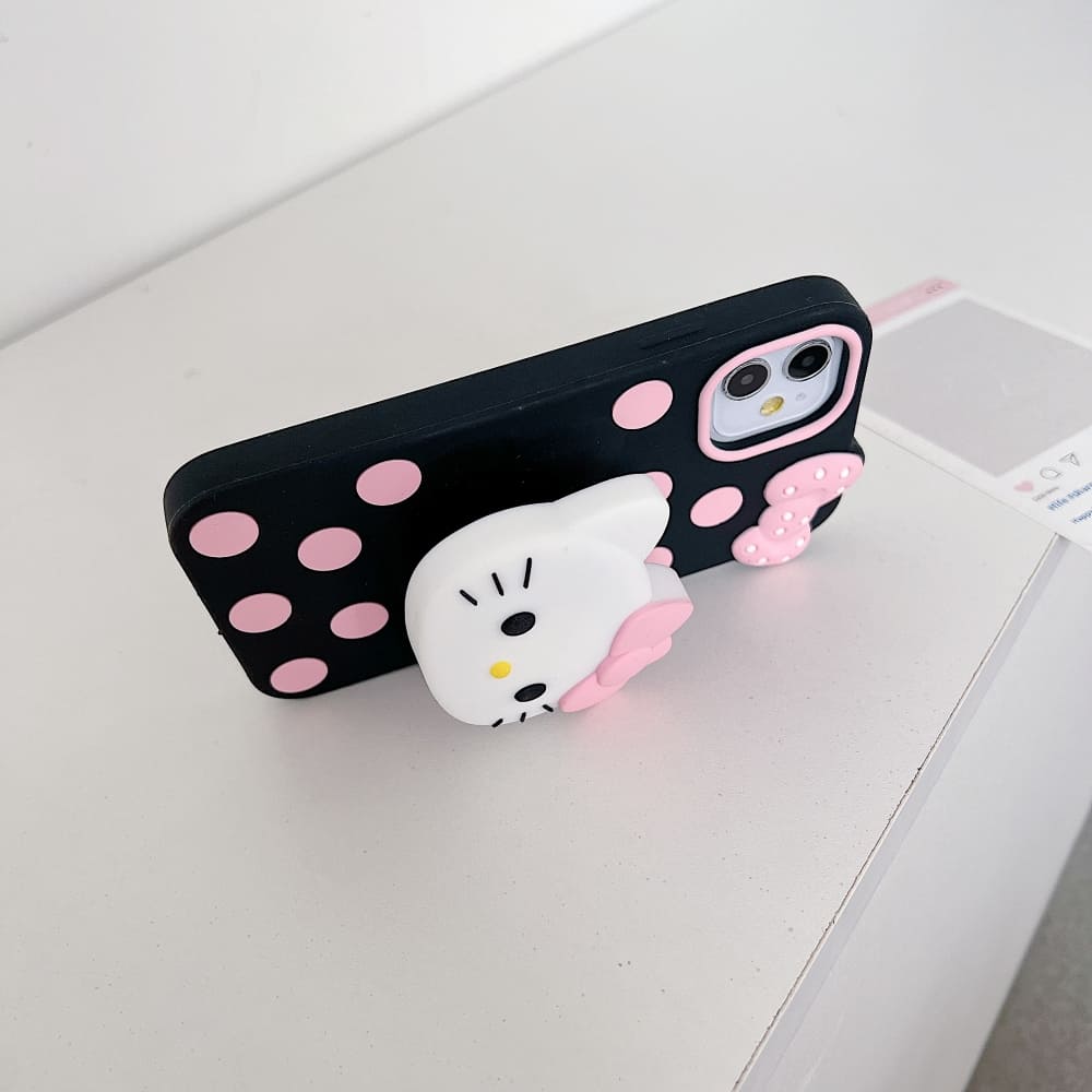 Polka Dot Bow Kitty Stand Silicone Phone Case