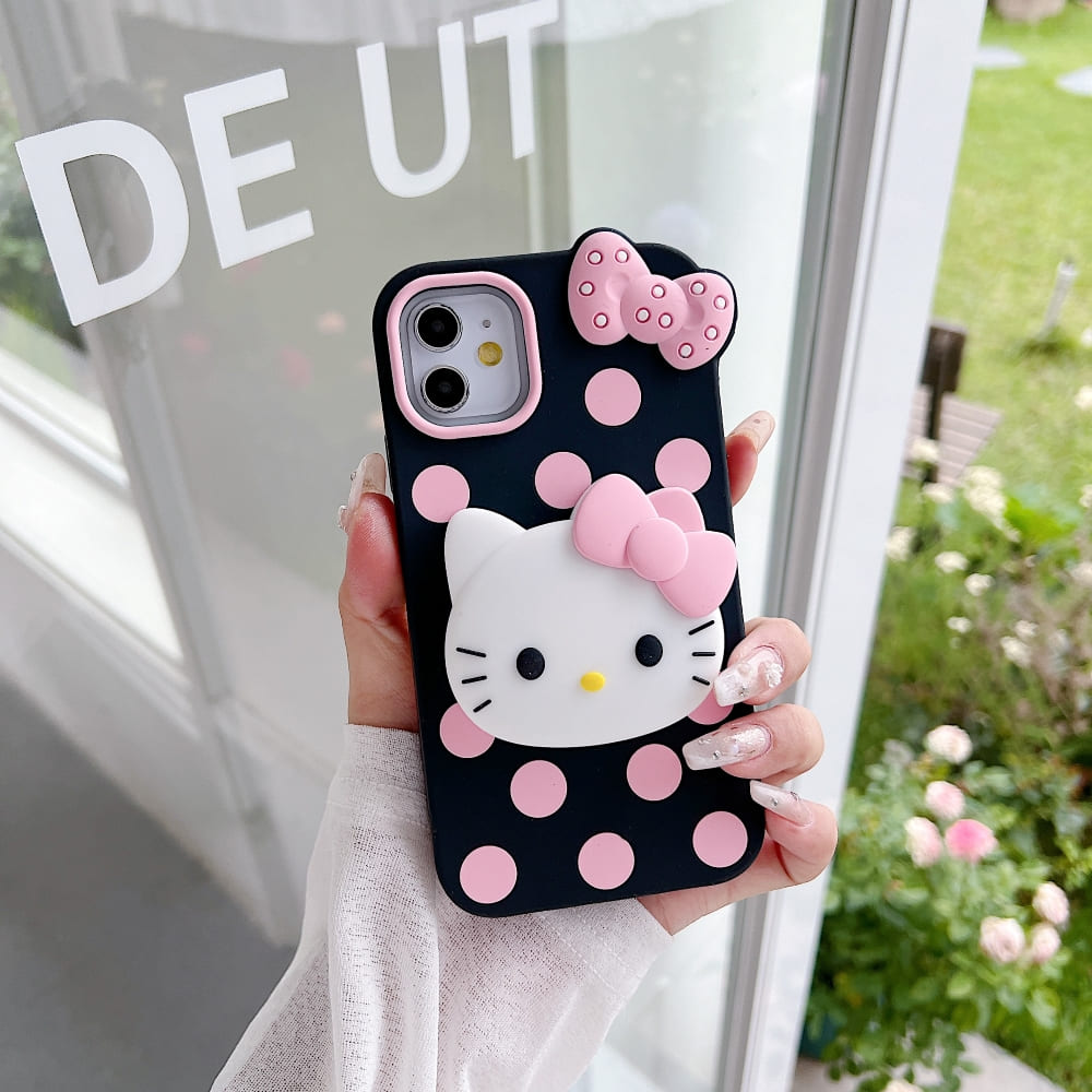 Polka Dot Bow Kitty Stand Silicone Phone Case
