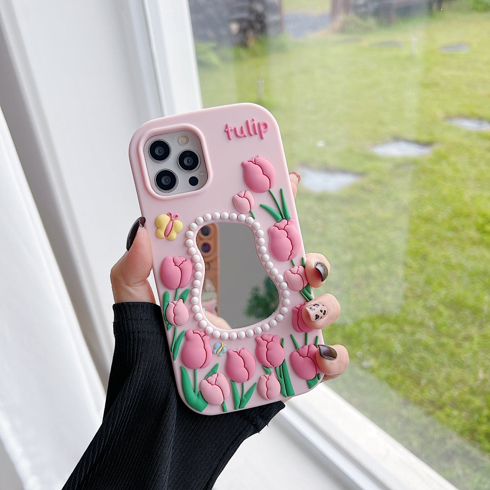 Silicone Tulip Embossed Pearl Mirror Phone Case