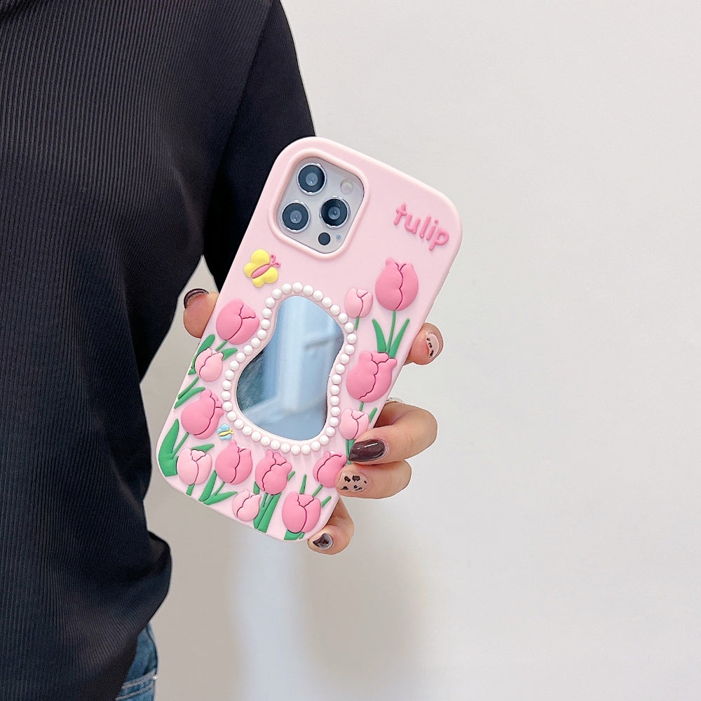 Silicone Tulip Embossed Pearl Mirror Phone Case