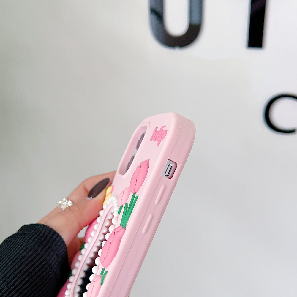 Silicone Tulip Embossed Pearl Mirror Phone Case