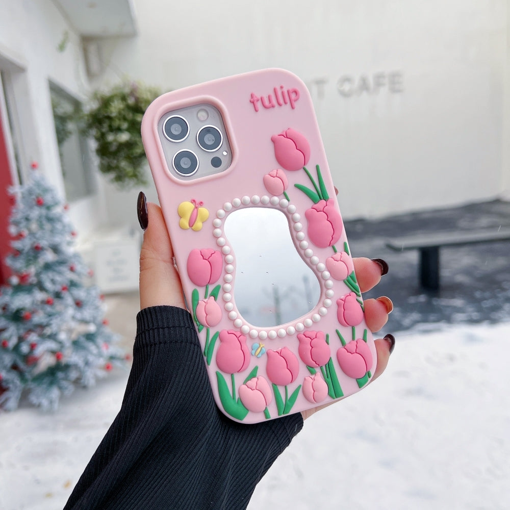 Silicone Tulip Embossed Pearl Mirror Phone Case
