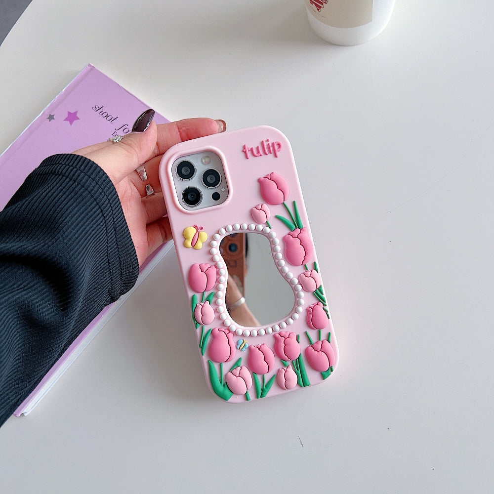 Silicone Tulip Embossed Pearl Mirror Phone Case
