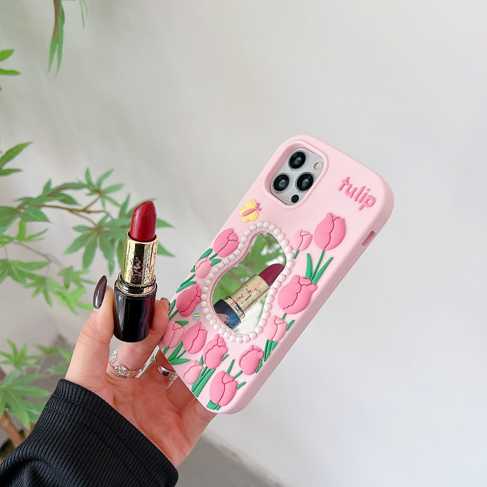 Silicone Tulip Embossed Pearl Mirror Phone Case