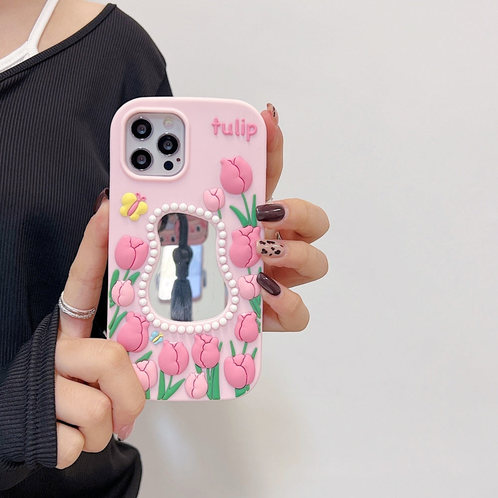 Silicone Tulip Embossed Pearl Mirror Phone Case