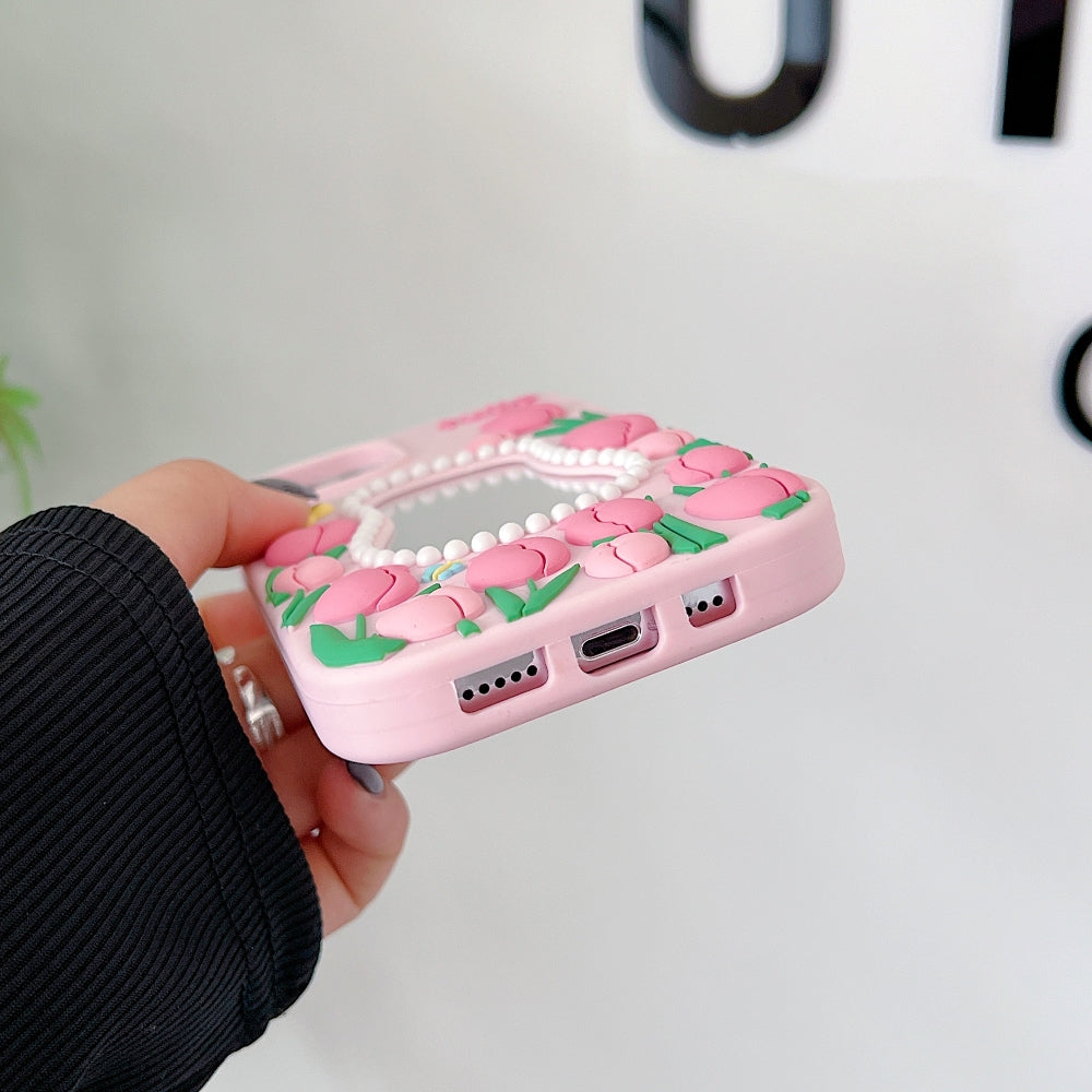 Silicone Tulip Embossed Pearl Mirror Phone Case